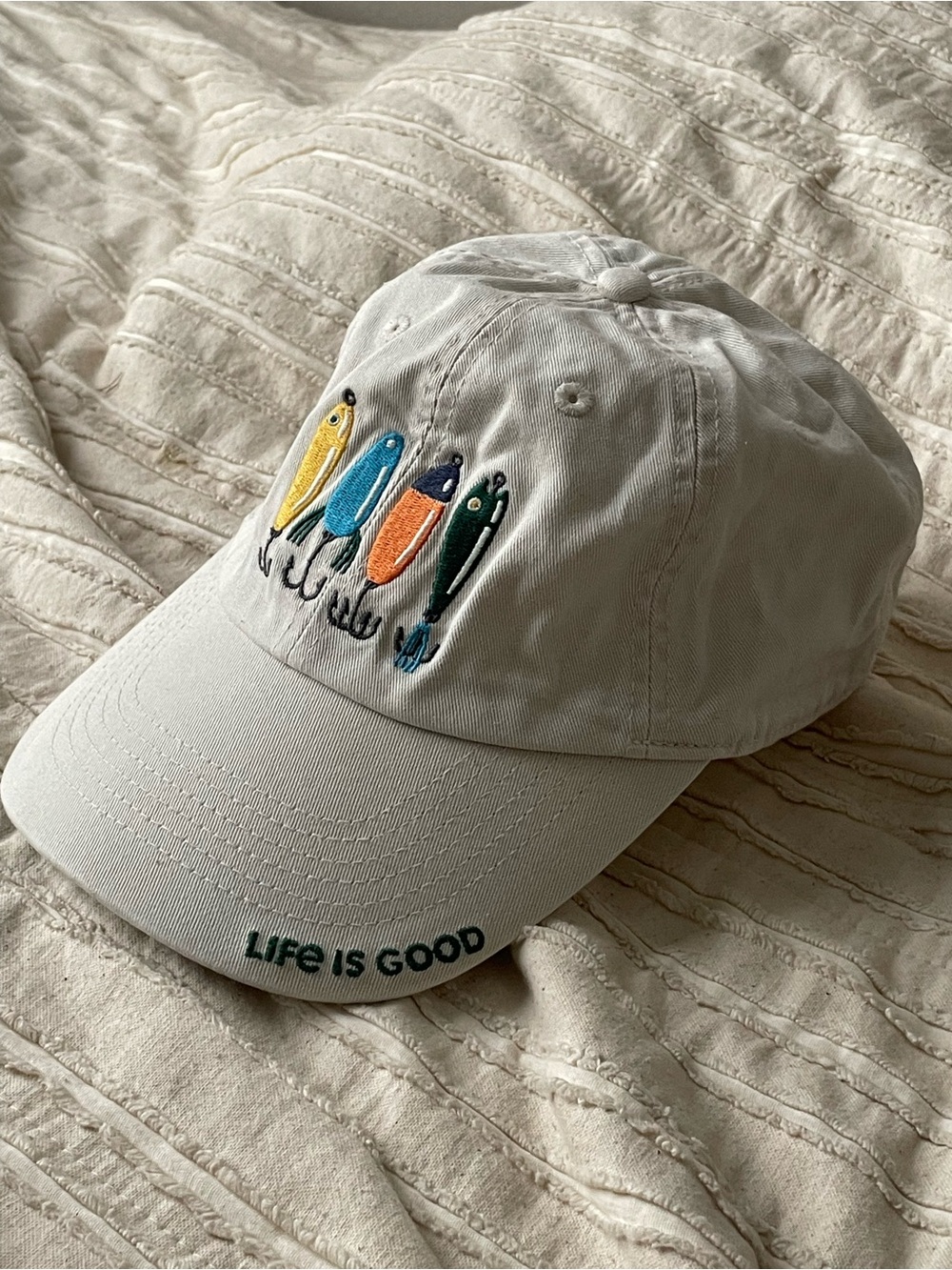 Life Is Good 'White Baseball Cap with Colorful Fishing Lures